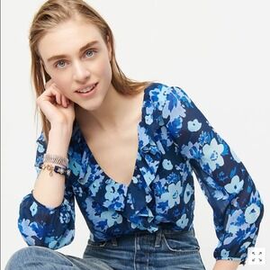 J. Crew Watercolor‎ Floral V-Neck Ruffle Front Blouse Size L Office Work Cottage